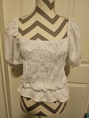 Style Envy White Smocked Puff Sleeve Peplum Top